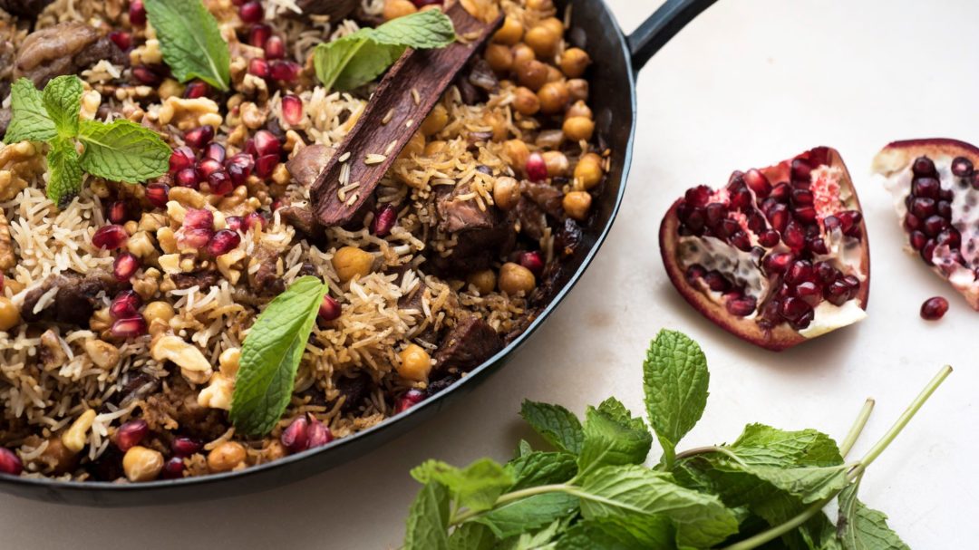 Spiced Lamb and Rice with Walnuts, Mint and Pomegranate