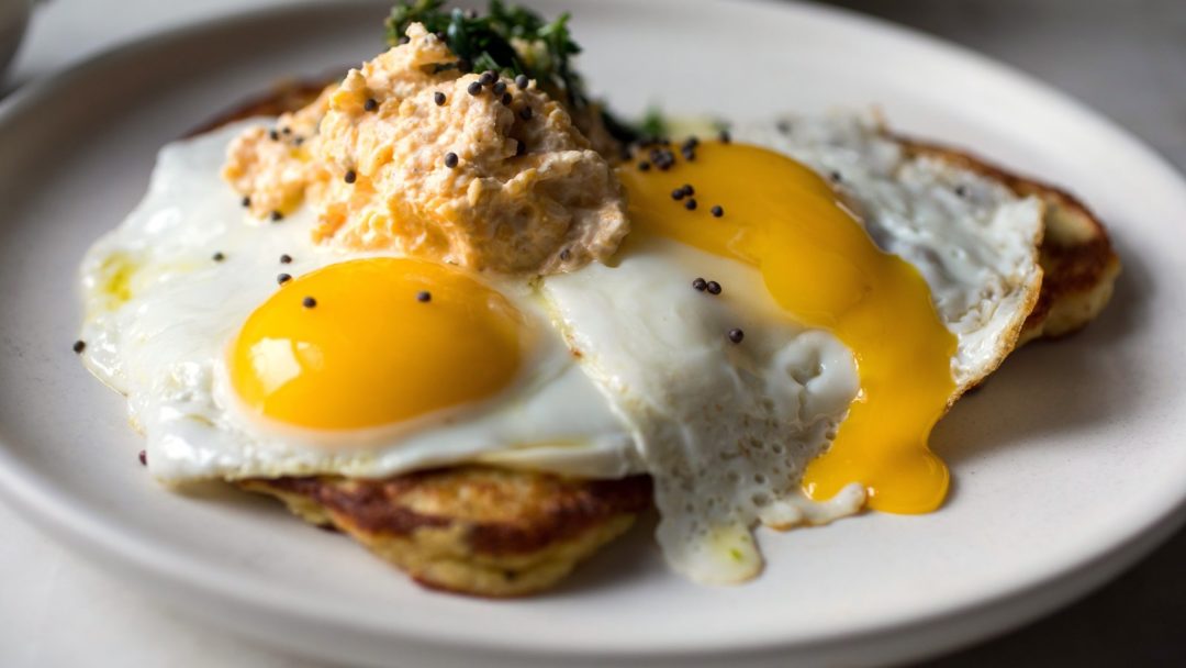 Potato Hotcakes With Cheddar Cream and Salsa Verde