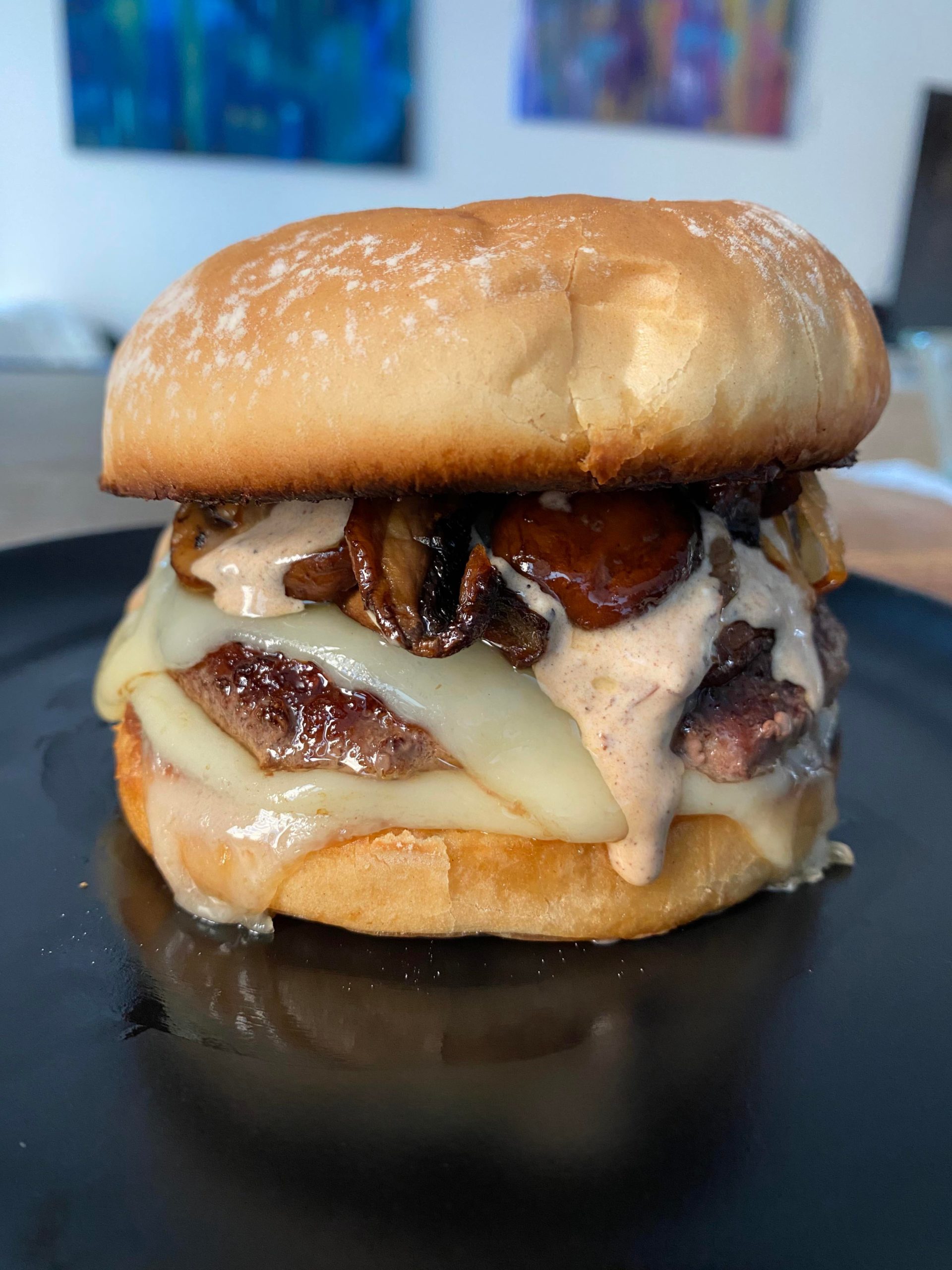 Mushroom And Swiss Burger With An Aioli Made From The Dripping From