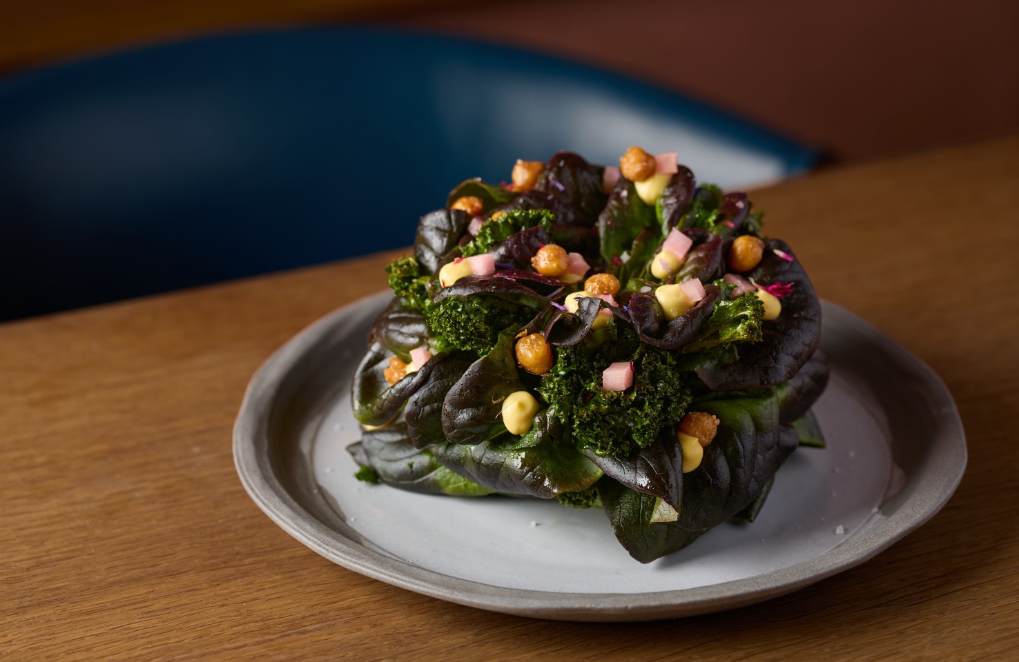 London Butterhead lettuce, miso, crispy kale and pickled rhubarb. © Apricity