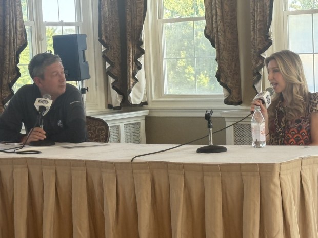 Broadcast Pioneers member Mike Monsell, vice president of marketing at 6ABC WPVI-TV Philadelphia, interviewed "Cooking With Shereen" content creator Shereen Pavlides during a recent Broadcast Pioneers luncheon at McCall Golf Club in Upper Darby. (PEG DEGRASSA/ DAILY TIMES)