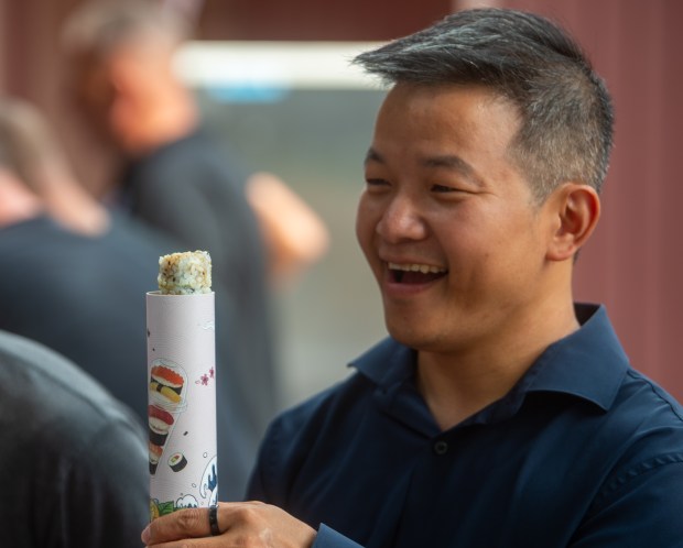 Eddie Chen, owner of K's Japanese Restaurant, demonstrates the push-up sushi during The Big E media food preview on Thursday, Aug. 27, 2026. The Big E runs Sept. 18-Oct. 4, 2026, in West Springfield, Mass. (Aaron Flaum/Hartford Courant)