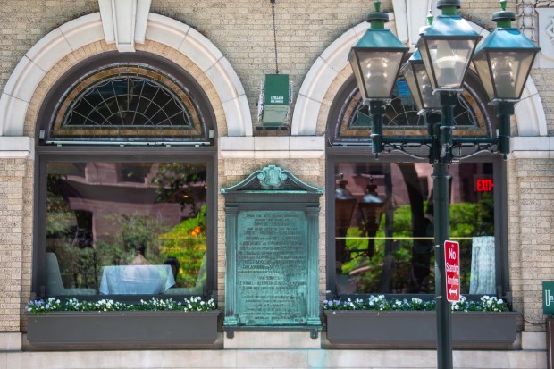 A plaque is displayed on the front of Union League Cafe in New Haven on Monday, June 15, 2026. The site was the homestead of Roger Sherman, a signer of the Declaration of Independence and New Haven's first mayor. (Aaron Flaum/Hartford Courant)