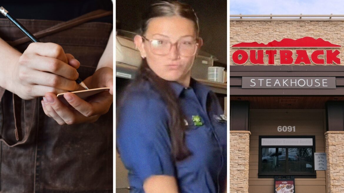 What Do The Outback Steakhouse New Uniforms Look Like? Outback worker at work (l) Outback employee shares new uniform (c) Outback front entrance (r)