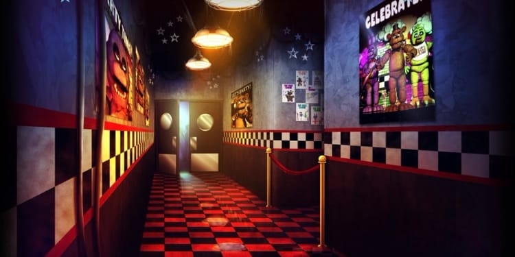 Conceptual interior rendering of a dark hallway inside Freddy Fazbear's Pizza featuring checkered wall paneling, red-and-black tile flooring, hanging overhead lights, and classic posters including a "CELEBRATE!" poster on the wall.