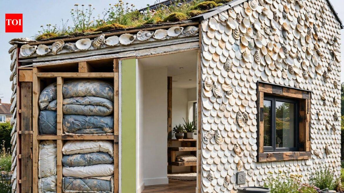 A British house was built with old duvets inside its walls and oyster shells on its exterior to show how everyday waste could be reused in construction | World News A British house was built with old duvets inside its walls and oyster shells on its exterior to show how everyday waste could be reused in construction | World News