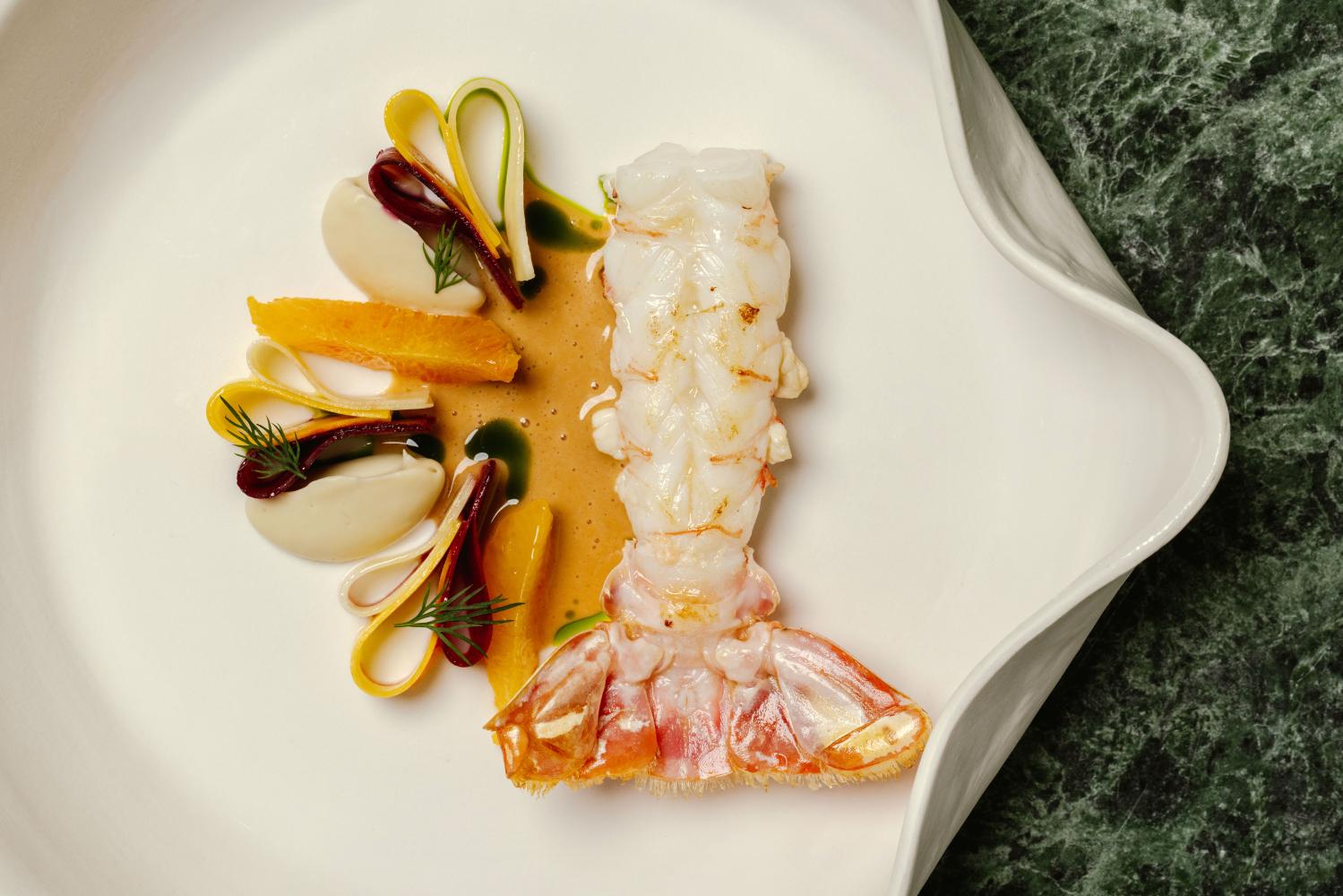 Langoustine with fennel, blood orange and dill.