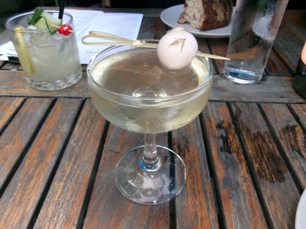 Photo of Mass Street Fish House's Better Brine cocktail, a vermouth, gin, and onion martini. The glass is garnished with a pearl onion.