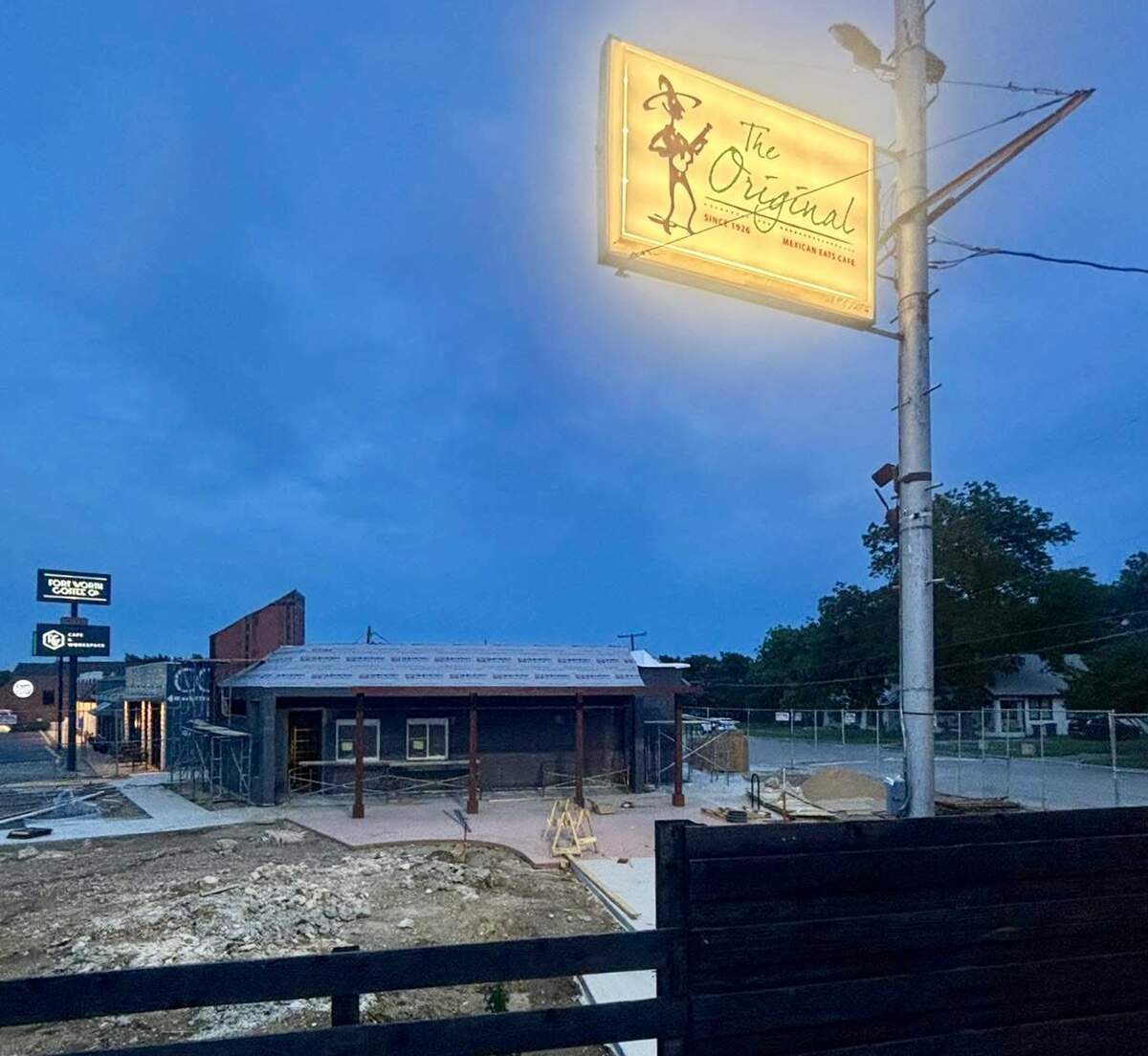 The old sign was lighted first before construction began on The Original Mexican Eats Cafe’s second location, a drive-through stand in Camp Bowie Boulevard on the former restaurant parking lot.