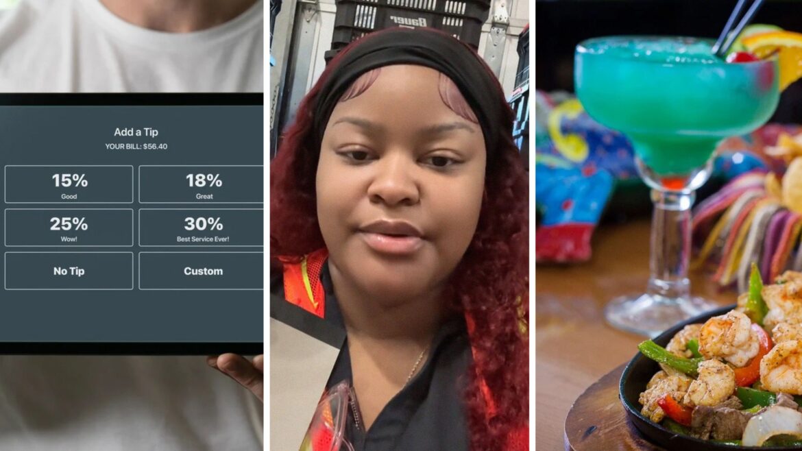 What To Do If A Restaurant Adds A Tip For You tip option (l) woman shares restaurant experience (c) Mexican food and drink (r)