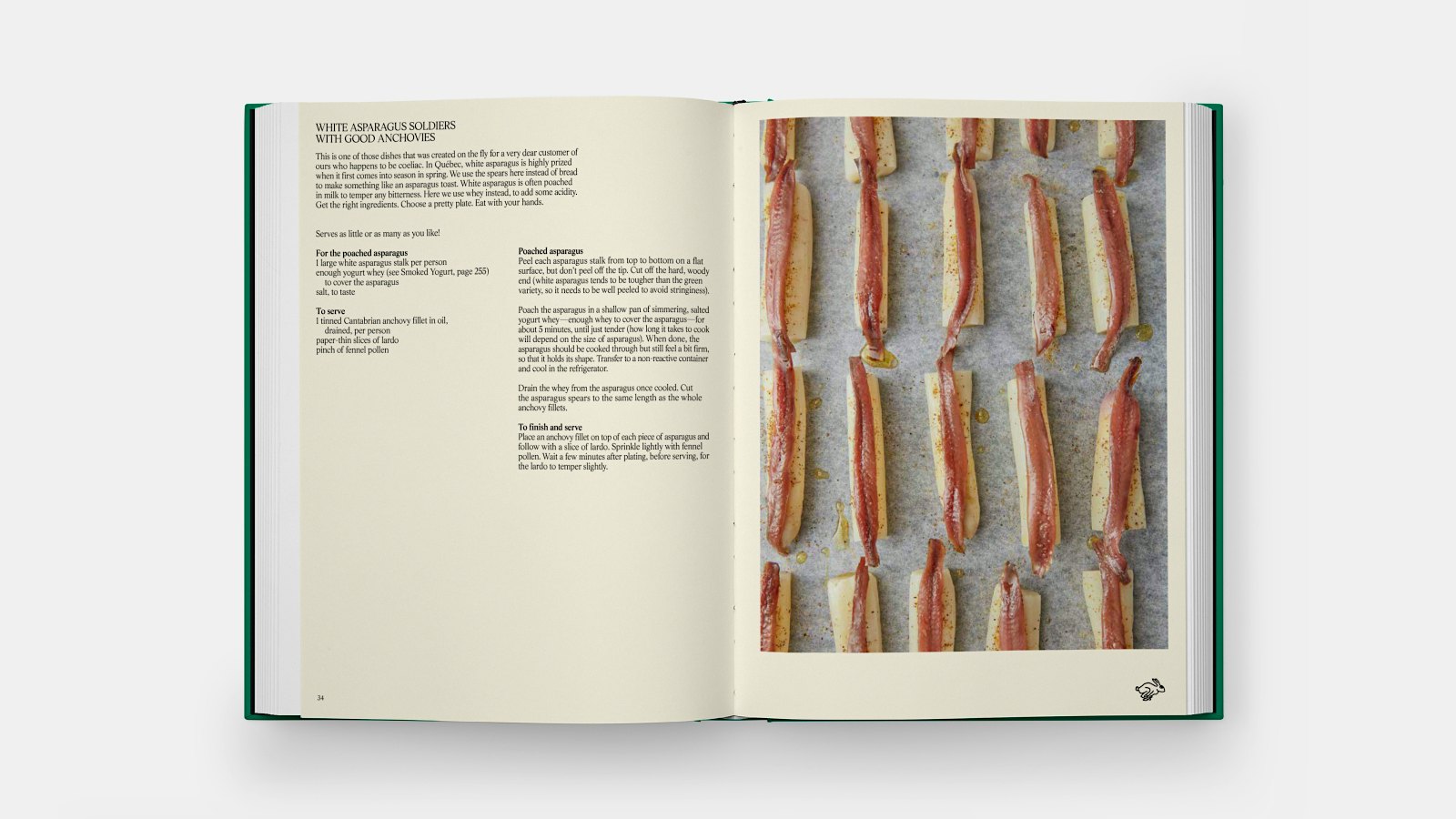 Spread from The Mon Lapin Cookbook showing a white asparagus and anchovy recipe] 