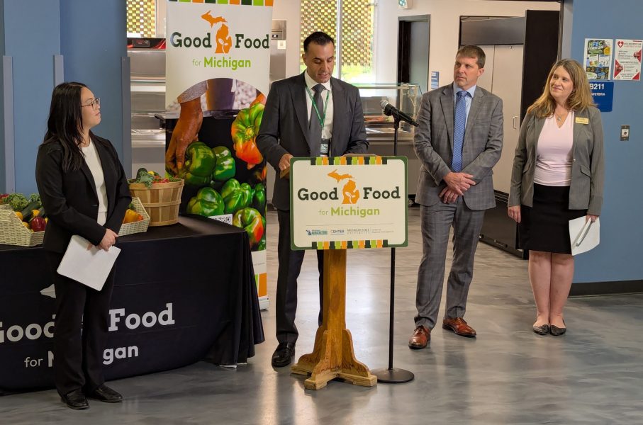 Michigan agriculture, education officials join Dearborn Public Schools leaders to highlight local food purchasing Superintendent Mike Esseily speaks at the Good Foods for Michigan press conference while other speakers look on