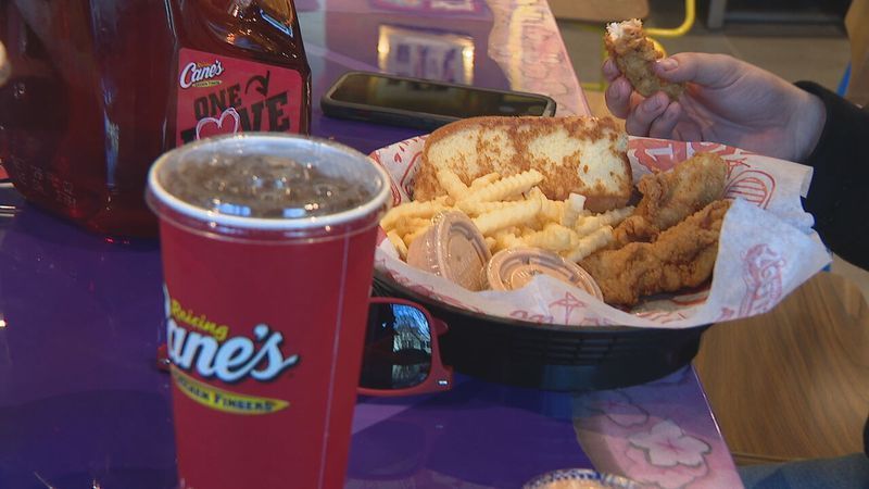 A photo of a chicken-finger meal at Seattle's first Raising Cane's Restaurant on Feb. 17, 2026. (KOMO){ }{ }{p}{/p}