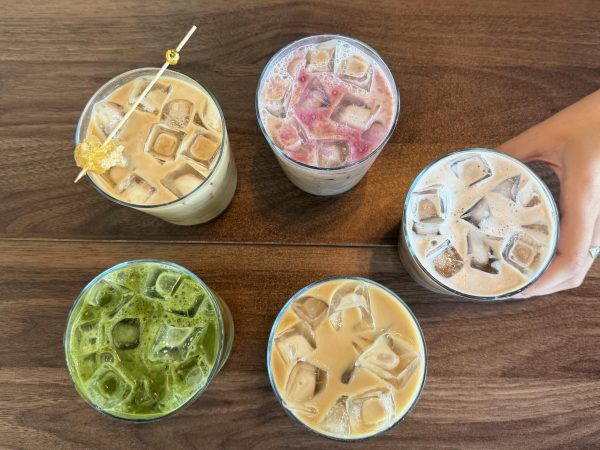 Five drinks offered at Café Alma Viva are displayed on a table, as photographed Sept. 8, 2026. (Hustler Staff/Lily Rimm)  