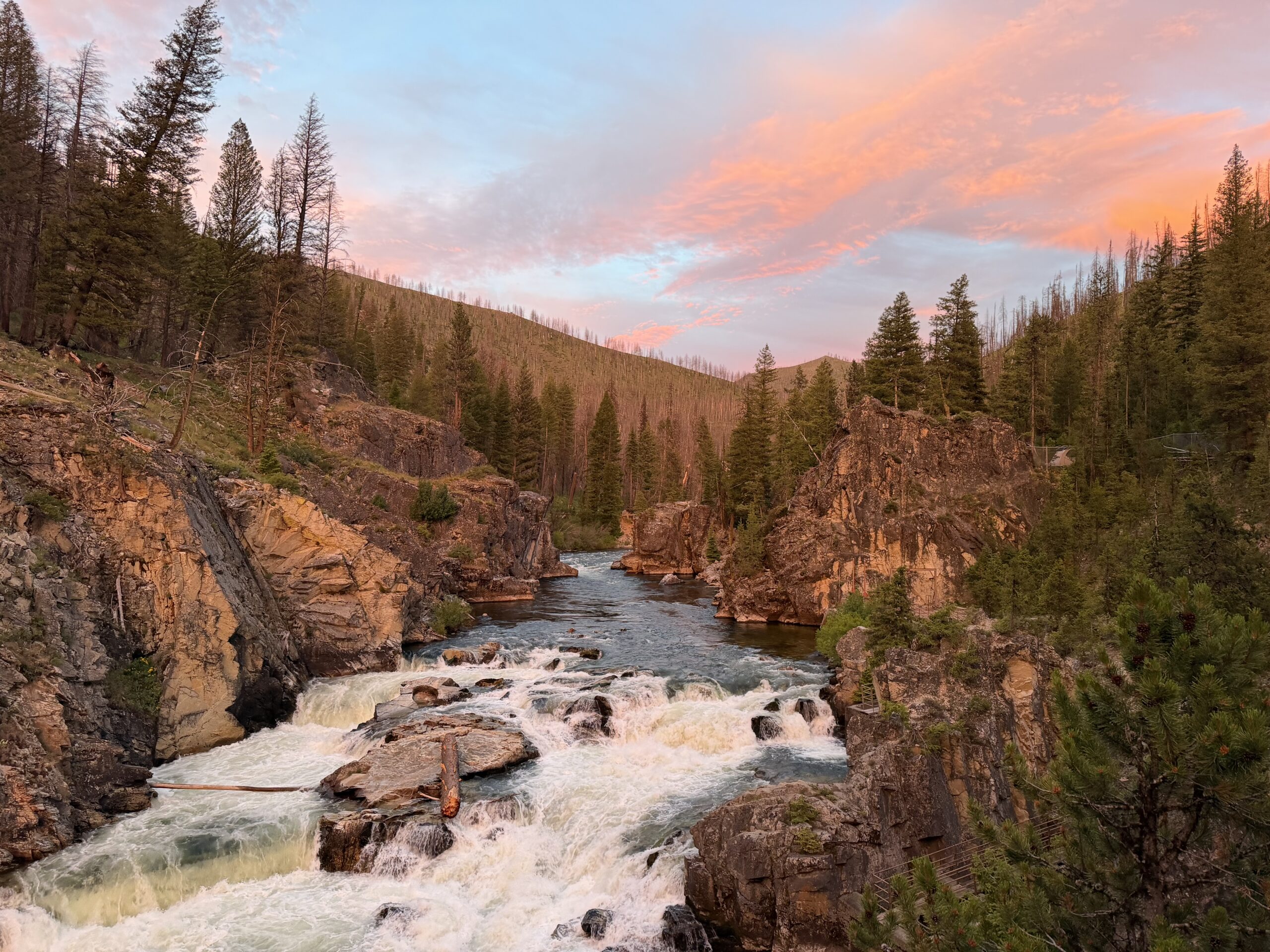 Dagger Falls at sunset on the Middle Fork Salmon River.