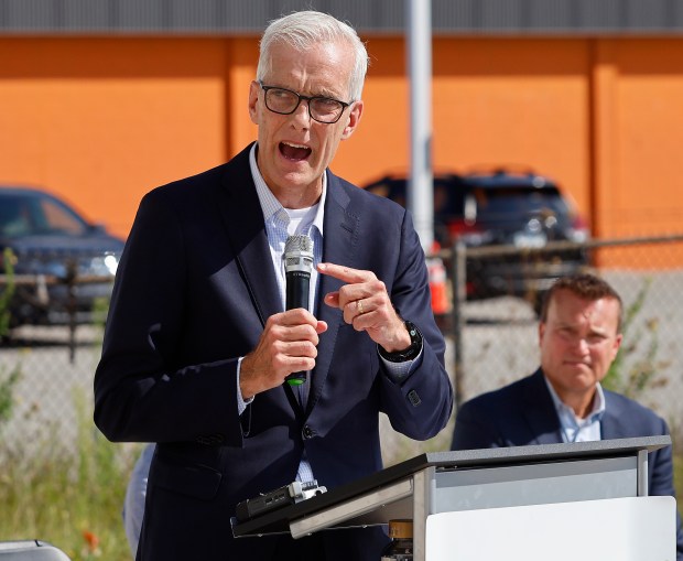 Feeding America CEO Denis McDonough addresses the crowd at an event marking the acquisition of a new building at 6510 Broadway in Merrillville to expand the capacity of the Food Bank of Northwest Indiana on Thursday, Aug. 27, 2026. (John Smierciak/for the Post-Tribune)