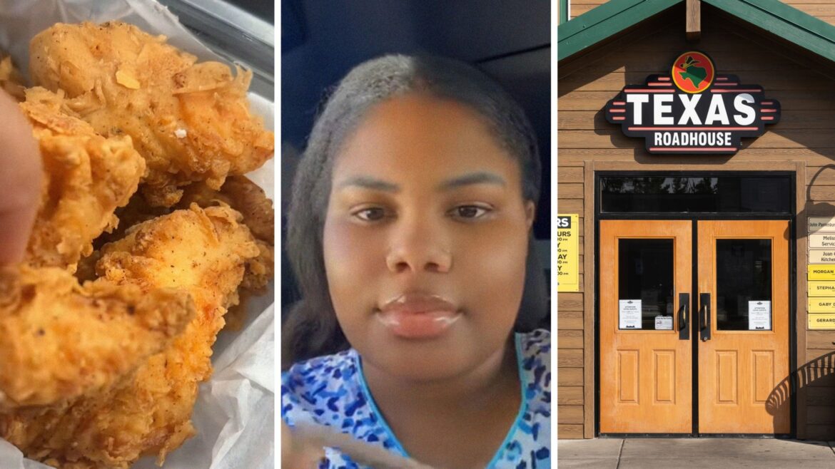 Did This Woman Find A Staple In Her Texas Roadhouse Tenders? chicken tenders (l) woman shares food order issue (c) Texas roadhouse entrance (r)