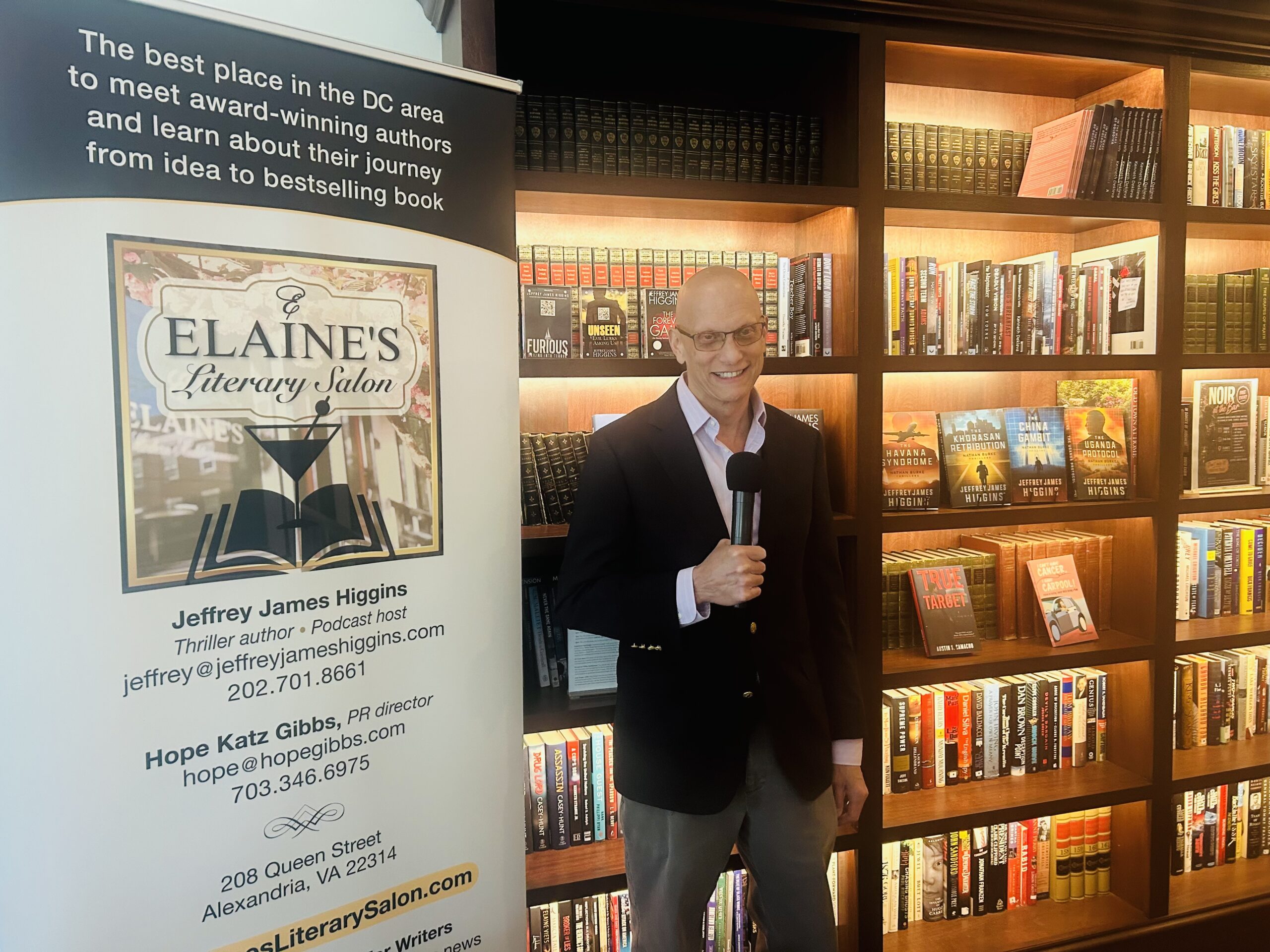 Jeffrey James Higgins prepares for an author interview at the Salon. The author has created a modern interpretation of a classic literary salon, which takes place in a dedicated area on the upper floor of his restaurant in Alexandria. Photo Courtesy of Elaine’s Restaurant