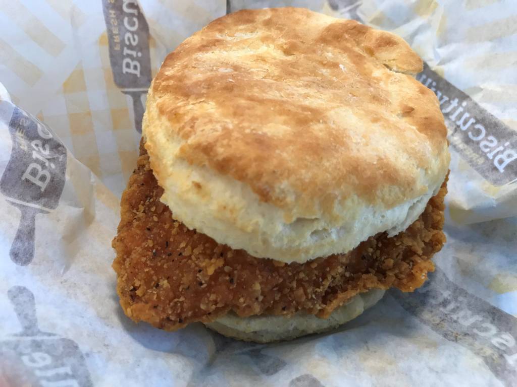 Close-up of a chicken biscuit from Biscuitville.