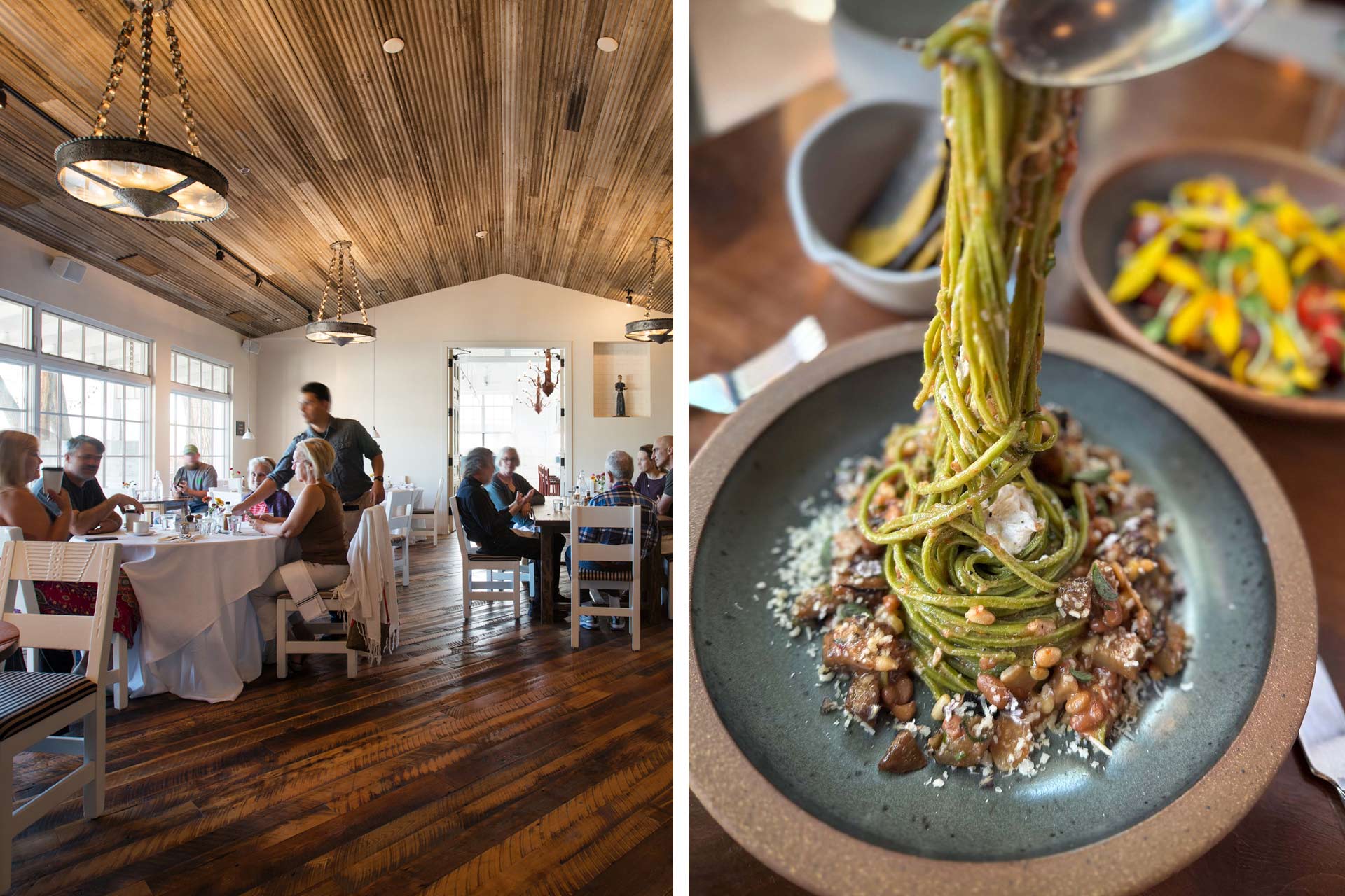 When you sit down for a meal at Campo at Los Poblanos you will get dishes that use every ingredient to the fullest. An example of this would be Chef Chris Bethoney's favorite dish to make, pasta. He will take the vegetables from the farm and infuse them into the pasta dough. © Kate Russell | Amy Carrara/Campo at Los Poblanos 