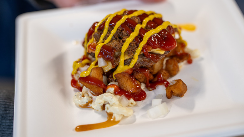 Rochester-style garbage plate with ketchup and mustard