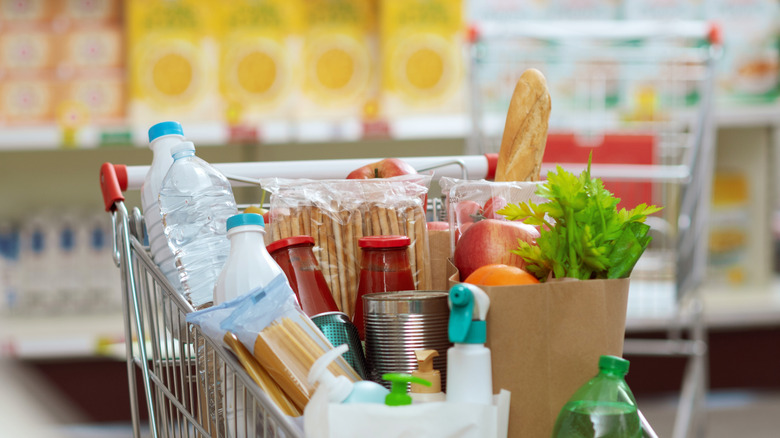 Metal grocery cart full of bags and packages of food including water bottles, vegetables, baguette, soda, apples, and cleaning products