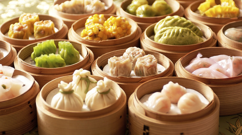 Rows of baskets containing different dim sum offerings