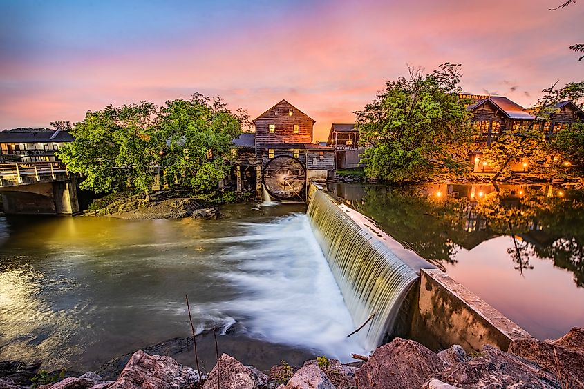 The Old Mill on the Little Pigeon River at Pigeon Forge, Tennessee.