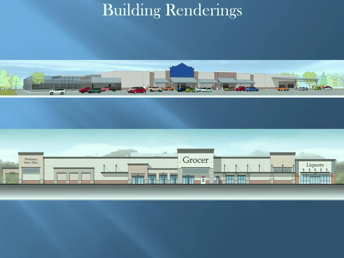 Renderings show a grocery and home improvement store planned for Buckner Commons at Buckner Crossings, a retail development at Commerce Parkway and Highway 393, as seen in a developer's presentation from a June 2026 planning meeting.