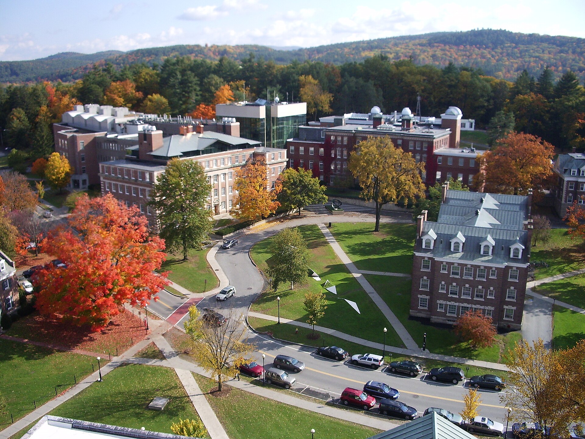 Aerial view of Dartmouth College campus buildings and lawns in Hanover, New Hampshire in autumn