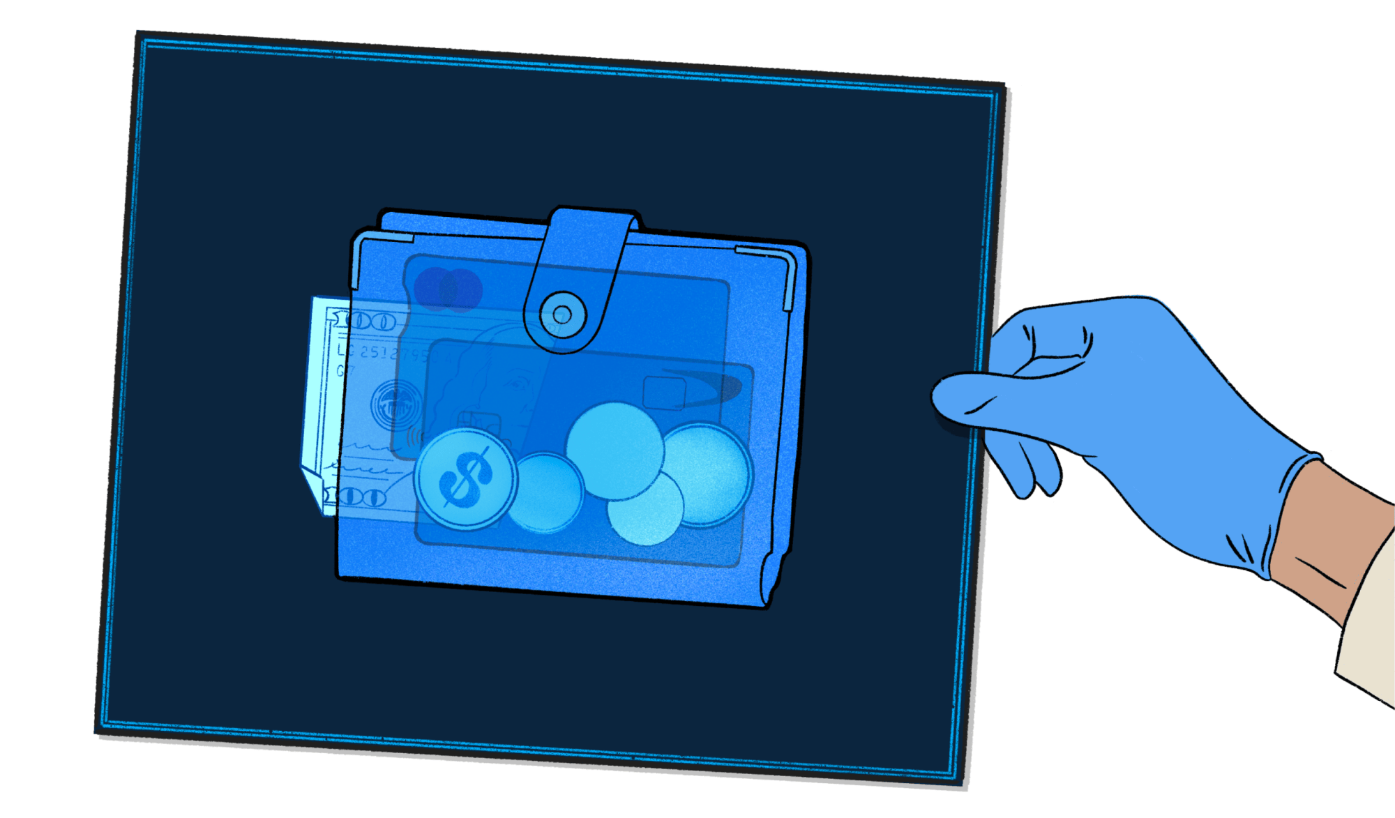 An illustration of a hand holding an x-ray image; the image shows a wallet and its contents (cash, coins, cards).