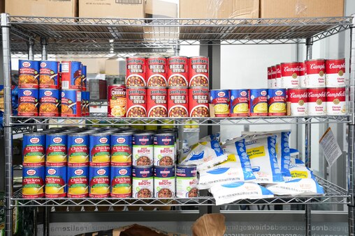 Canned goods available at UMBC’s Retriever Essentials food pantry in Catonsville, Md., on Wednesday, November 19, 2025.