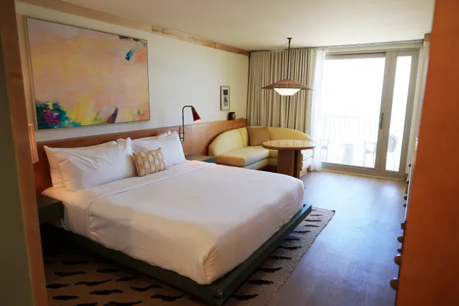 A room for guests is shown at the Dune House Hotel & Spa on Thursday, Oct. 1, 2026 in Atlantic Beach, Fla. The former One Ocean Resort & Spa has been transformed into a chic coastal-modern, 193-room destination. It officially opened on March 3, 2026 but only recently unveiled its debut of four distinct dining concepts and spa.
