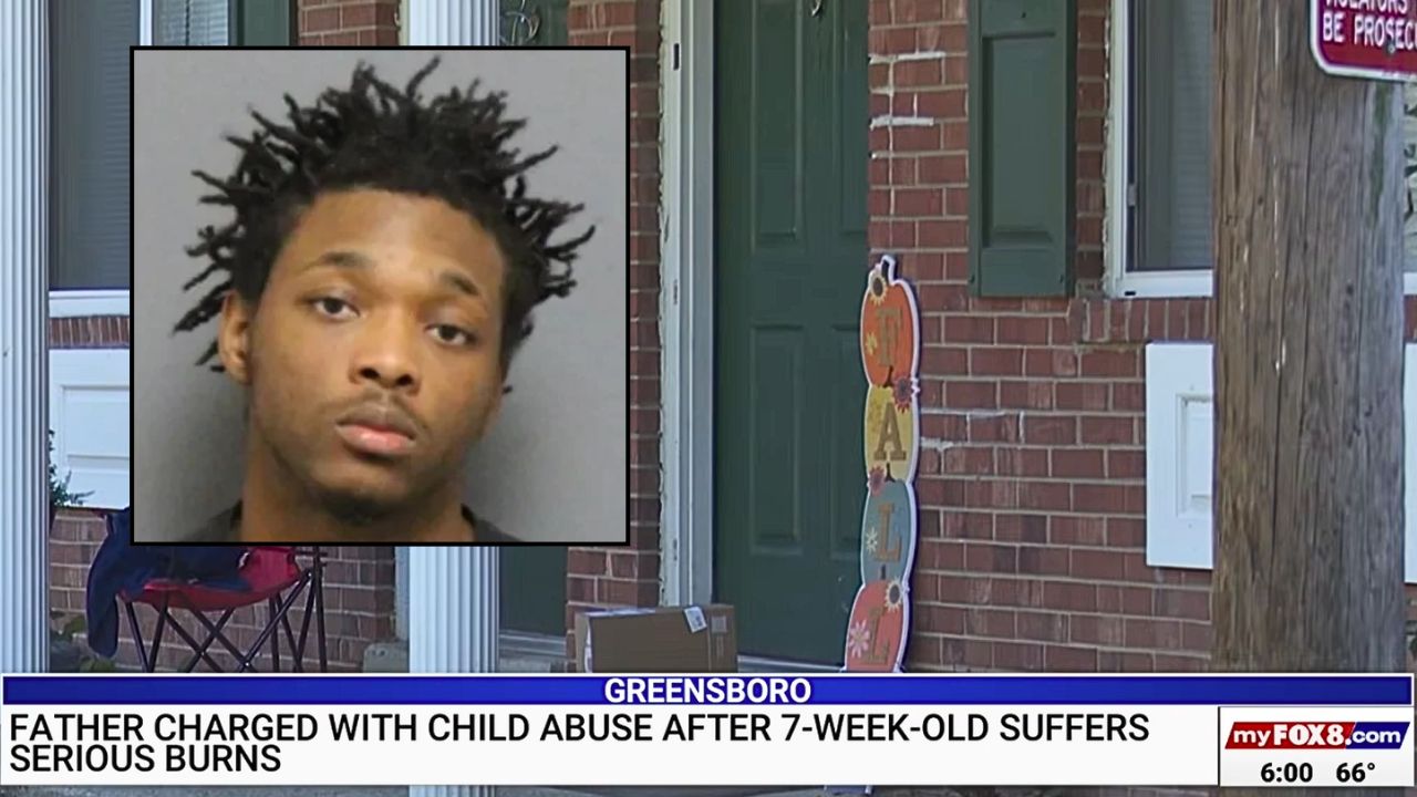 Inset: Jaylen Walker (Guilford County Jail). Background: The North Carolina apartment building where police found Jaylen Walker