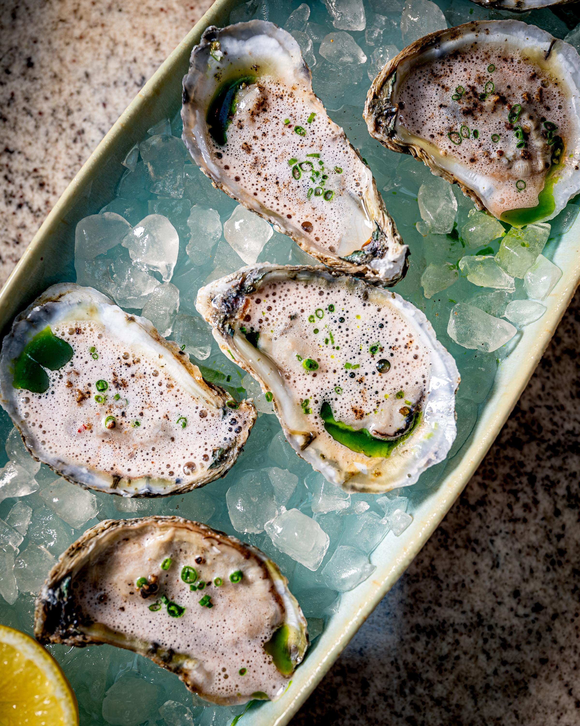 Oysters glistening with grapefruit mignonette bubbles.