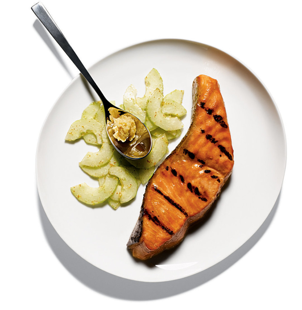 Barbecued Salmon With Preserved Ginger and Cucumbers