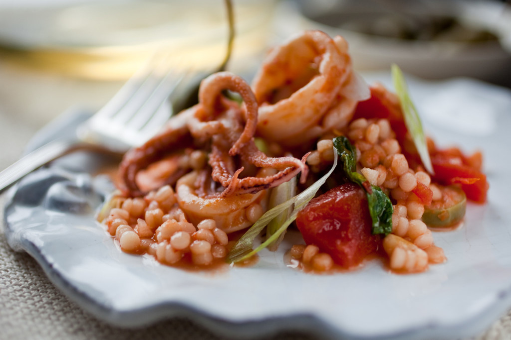 Spicy Calamari With Tomato, Caperberries and Pine Nuts