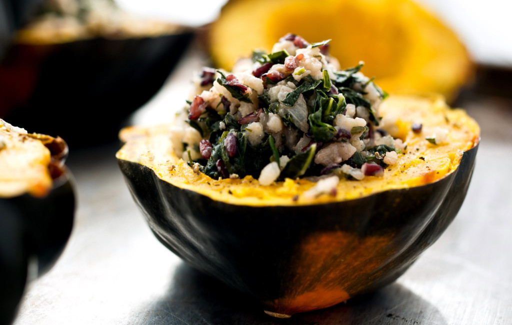 Baked Acorn Squash Stuffed With Wild Rice and Kale Risotto