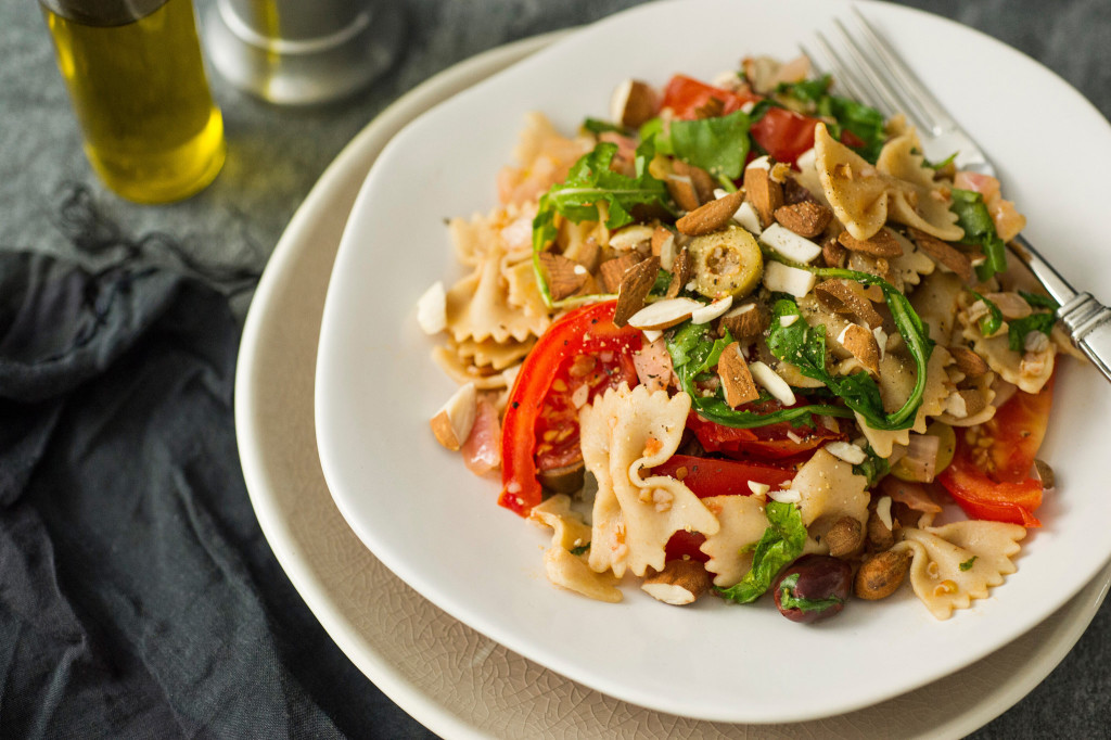 Bow Ties With Arugula, Olives, Bulgur and Tomato Wedges