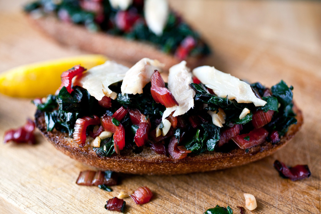 Bruschetta With Swiss Chard and Smoked Trout