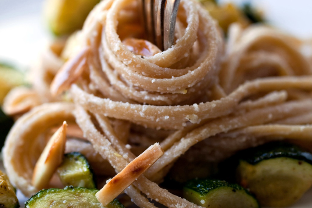 Creamy Pasta With Roasted Zucchini, Almonds and Basil