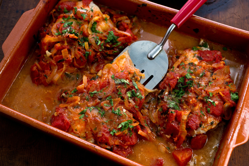 Greek Baked Fish With Tomatoes and Onions