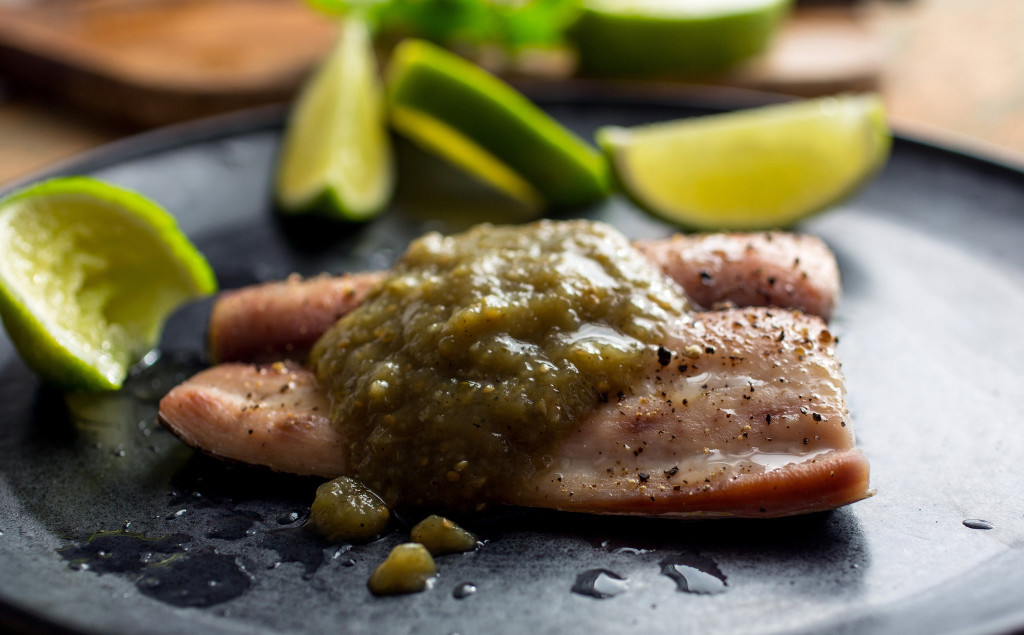 Oven-Steamed Cod or Mahi Mahi in Green Tomatillo Salsa