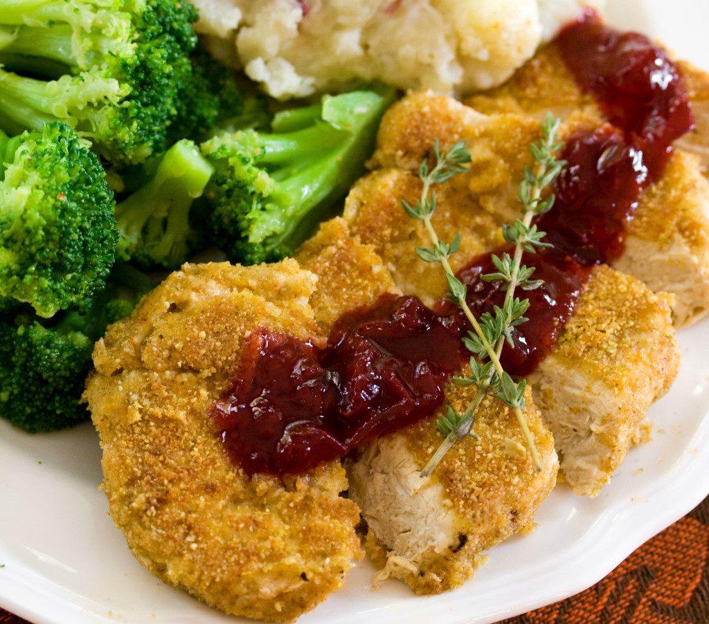 Pumpkin Seed Battered 'Chicken' With Cranberry Cabernet Sauce