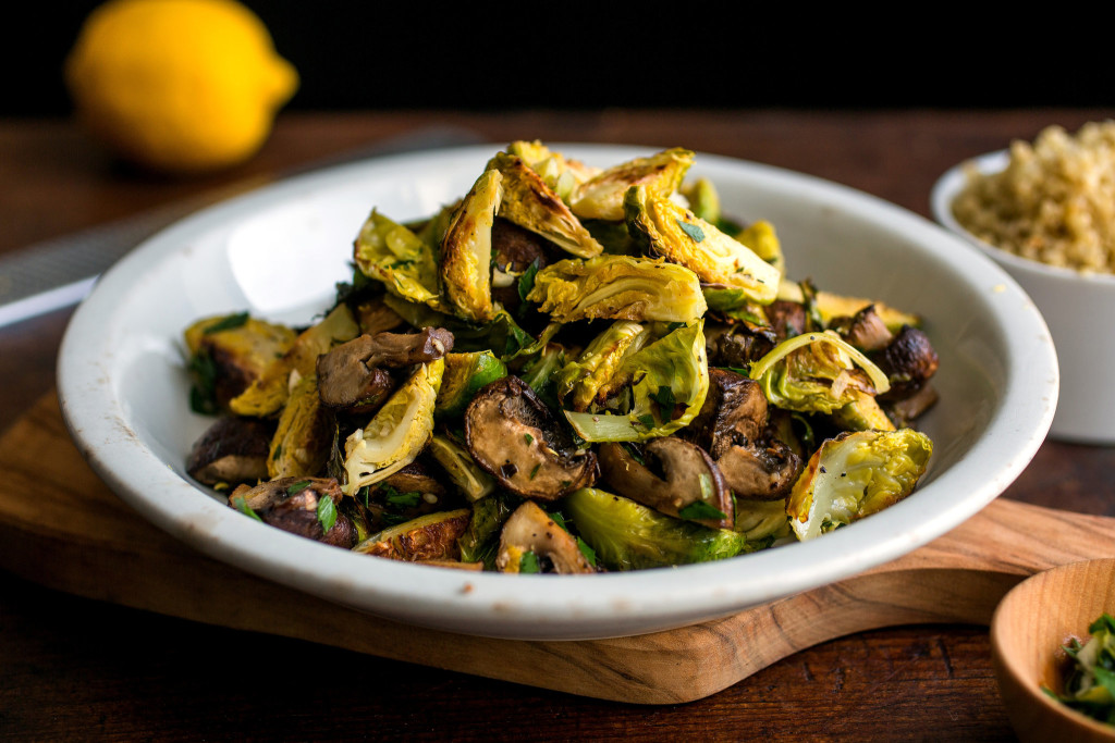 Roasted Brussels Sprouts and Mushrooms With Gremolata and Quinoa