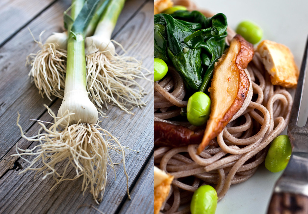 Soba With Green Garlic, Spinach, Edamame and Crispy Tofu