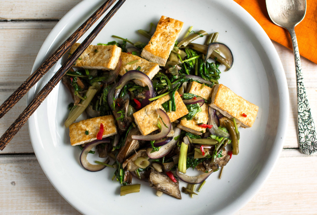 Spicy Stir-Fried Eggplant, Tofu and Water Spinach (Ong Choy)