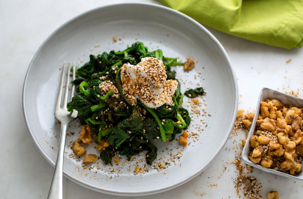 Spinach With Garlic Yogurt and Walnut Dukkah