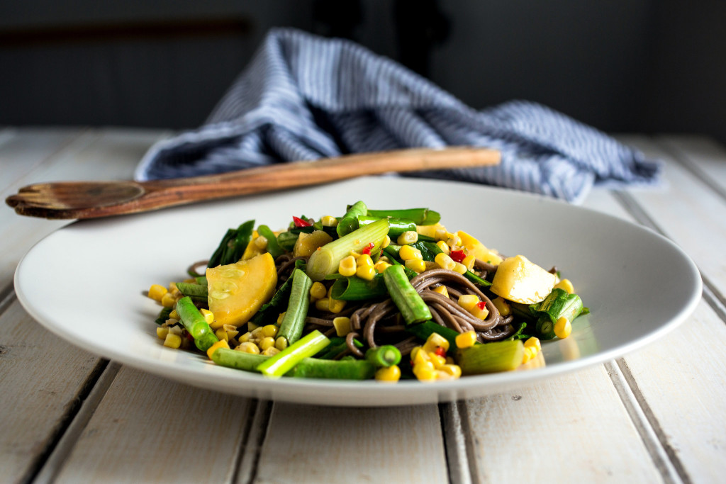 Stir-Fried Baby Squash, Long Beans, Corn and Chiles With Soba Noodles