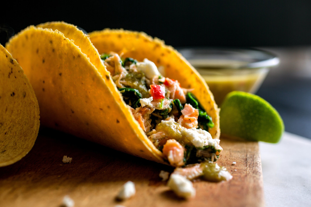 Tacos With Salmon or Arctic Char, Greens and Tomatillo Salsa